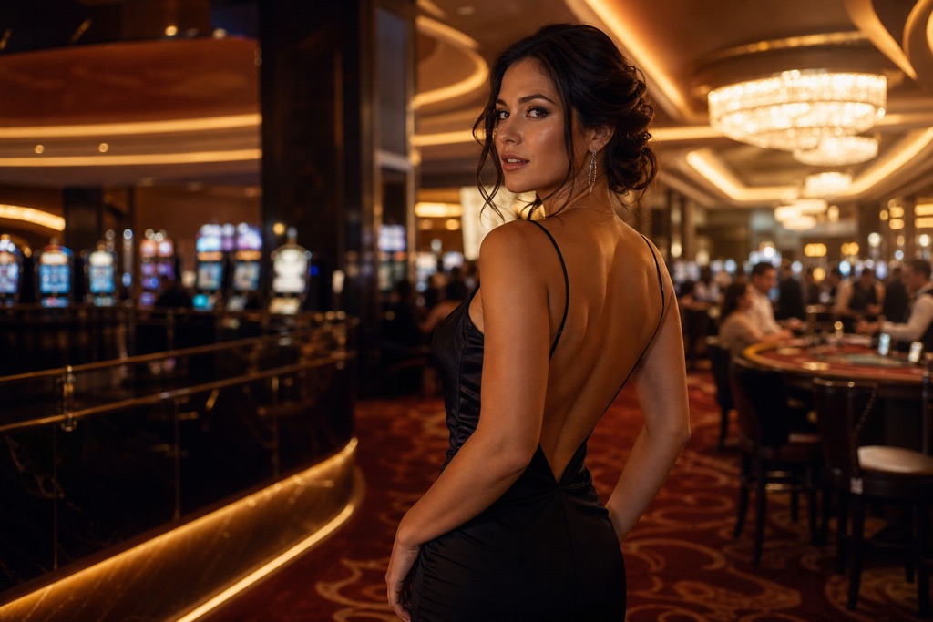 Interior de casino con iluminación dorada y ambiente elegante