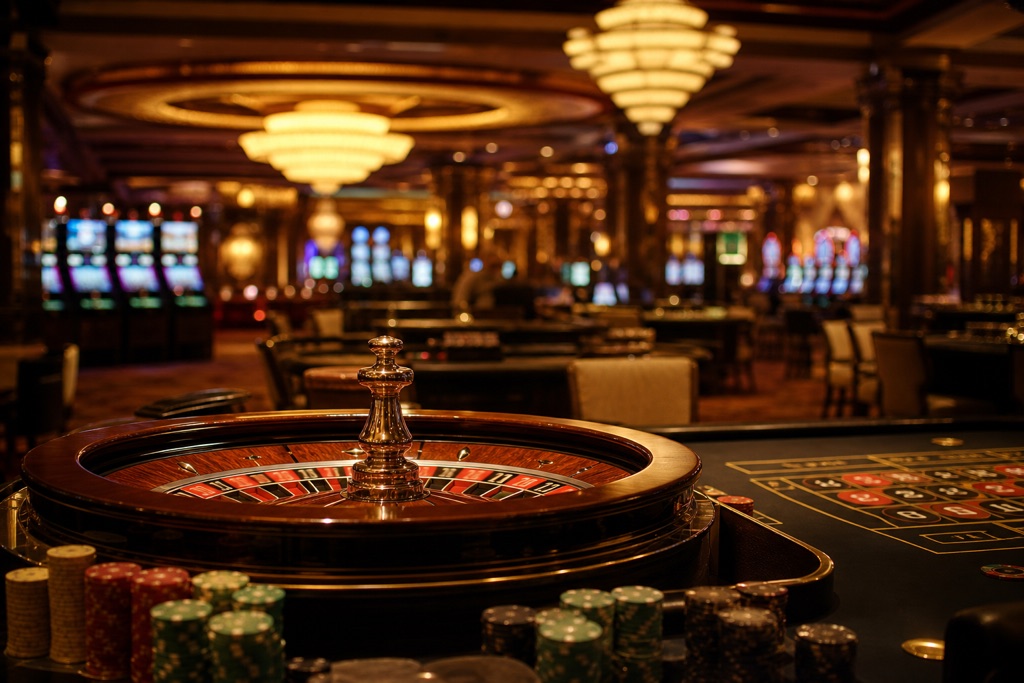 Mesa de ruleta en casino con ambiente cálido y elegante