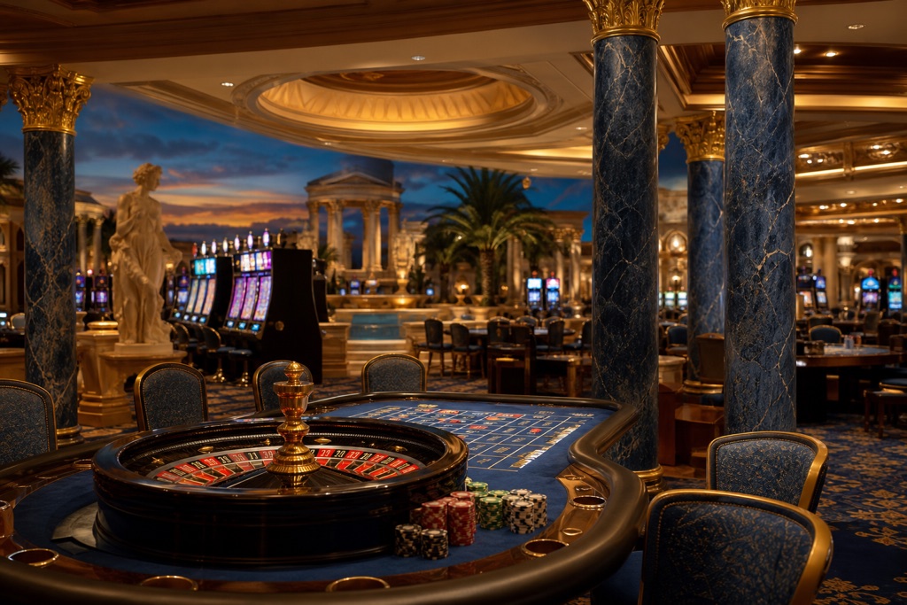 Interior de casino con estética mediterránea y iluminación dorada