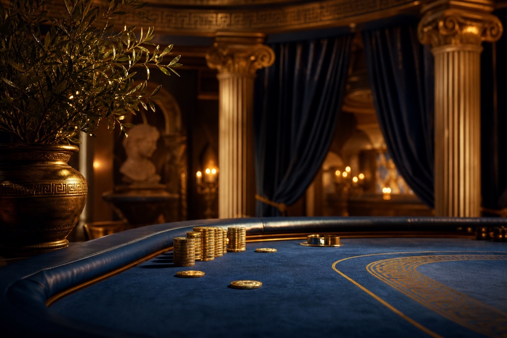 Mesa de casino elegante con fichas doradas y ambiente mediterráneo