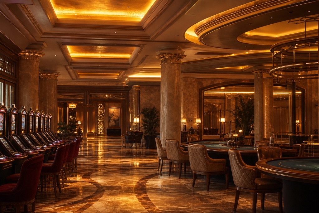 Interior de casino de lujo con iluminación dorada ámbar