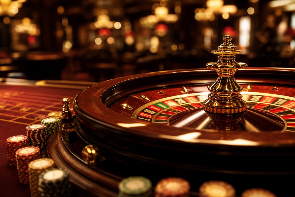 Mesa de ruleta con iluminación dorada y fichas